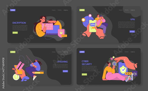 Dive into the dark mode of digital defense with captivating vectors. Highlighting encryption, VPN usage, the dangers of phishing, and the essence of cybersecurity. Protect your digital journey.