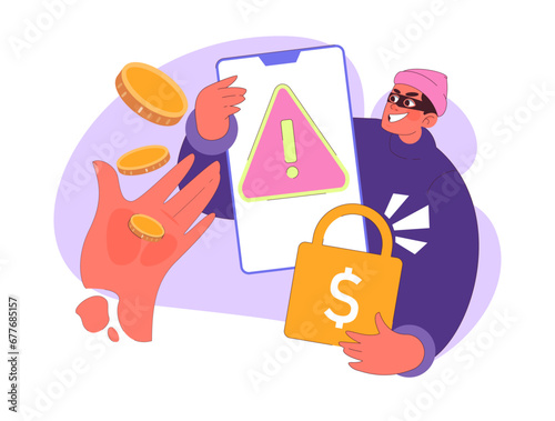 Ransomware concept. Sneaky hacker demands digital coins, holding encrypted files hostage, underlining the peril of ransomware attacks. Data breach. Payment demand. Flat vector illustration