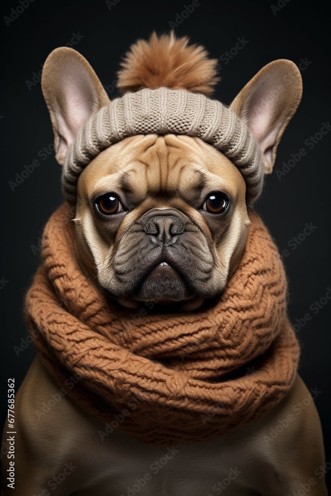 Bulldog in a hat and scarf, dog in winter clothes