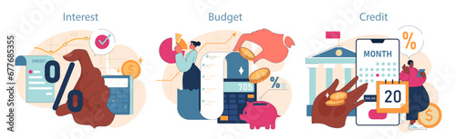 Financial Management set. A deep dive into personal finance: navigating interest rates, devising a sustainable budget, and understanding credit mechanisms. Save wisely, invest smartly. Flat vector.