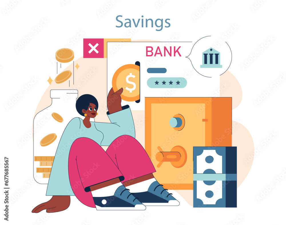 Smart Financial Planning for the Future. A proactive woman digitally manages her savings, coins flow into a jar, emphasizing online banking's ease and security. Modern savings strategy.