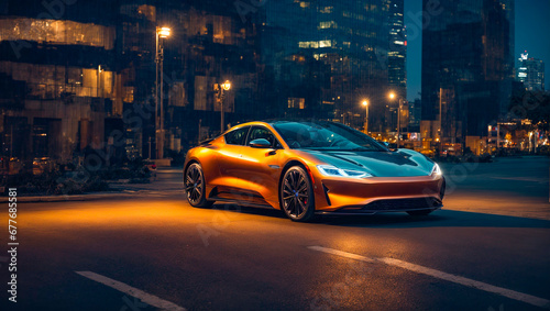 Beautiful modern electric car, night city