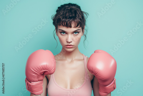Young Woman in Pink Boxing Gloves on Light Blue Background - Fitness and Empowerment Concept © TimeaPeter