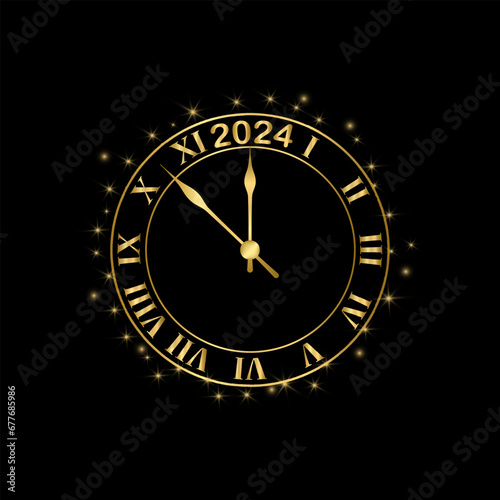 New Year 2024. Clock hand shows about 2024 o'clock. Gold shiny. Vector illustration. EPS 10