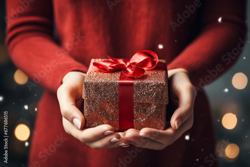 Young woman holding in hands a Christmas gift in shiny glittering package with red ribbon. Festive blurred background with golden bokeh lights and falling snow. Merry Xmas and Happy New Year card