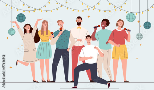 Karaoke party concept. Men and women with microphones. Young girls and guys sing. EVent in nightclub with decorations. Cartoon flat vector illustration isolated on grey background