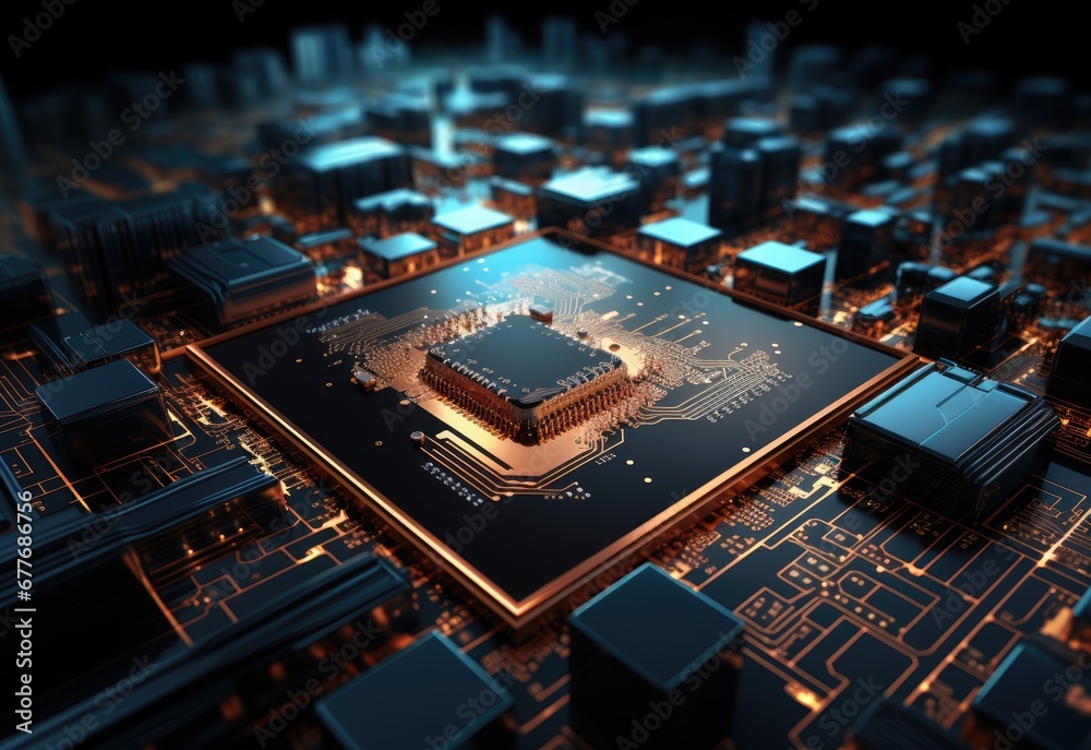 Computer chip in the middle of a motherboard circuitry, created with AI ...