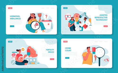 Reproductive health web or landing set. Couples facing conception challenge. Infertility common causes and treatment with in assisted reproductive technology or vitro fertilization. Flat vector