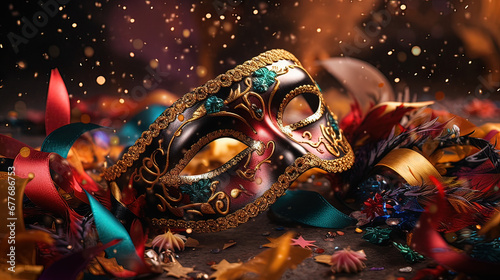 Horizontal still life photo of carnival mask, glitter and confetti.Tradition and beauty concept.