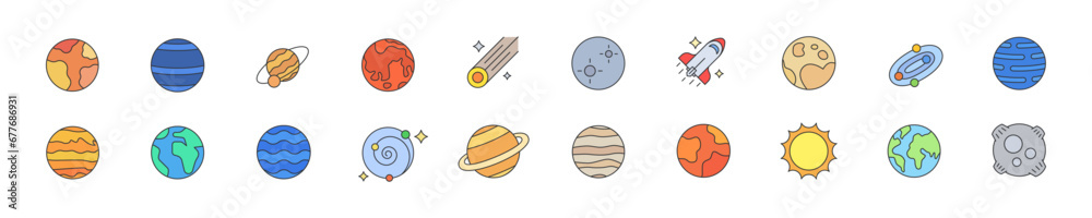 Set of colour icons with different planets in linear style. Vector illustration. Set of colour icons with different planets in linear style. Vector illustration.