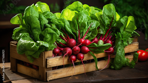 Fresh reddish vegetables in a wooden crate