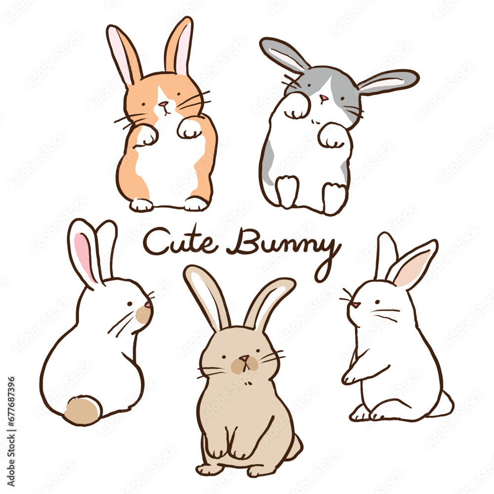 Vector Illustration of Cute Cartoon Bunny Characters on Isolated Background