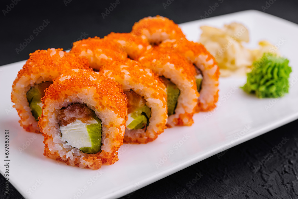 Macro shot of california maki sushi rolls with rice Macro shot of california maki sushi rolls with rice