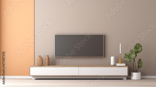 Two tone color wall background,Modern living room decor with a tv cabinet. generative ai photo