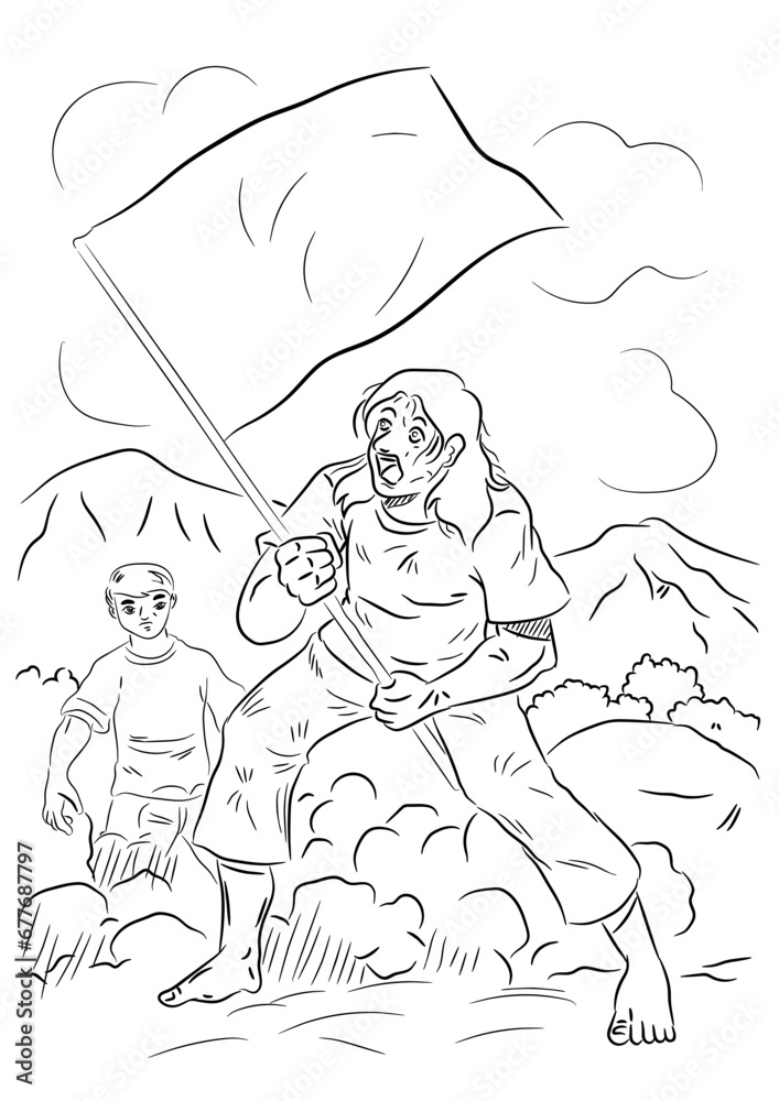 A man holding the national flag. Coloring page for kids.