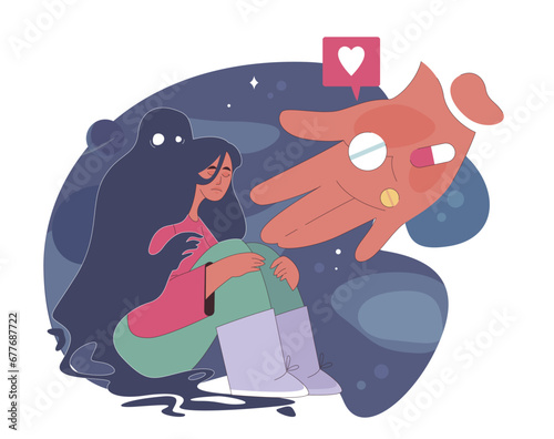 Loneliness. Unhappy person, astronaut left alone in space. Character suffering from depression. Modern communication problem and self-isolation. Flat vector illustration