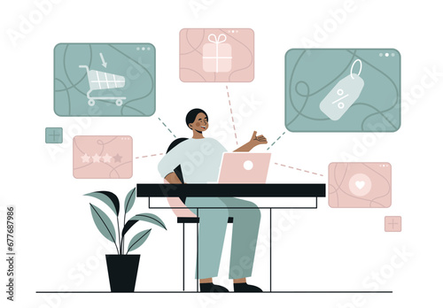 Man with loyalty program concept. Young guy sitting at table with cart anf coupon. Special and limited offer for regular customers. Cartoon flat vector illustration isolated on white background