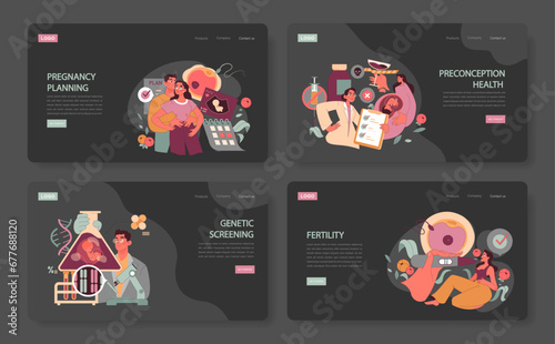 Reproductive Health set. Couples navigate pregnancy planning, explore genetic screening, ensure preconception health, and address fertility issues. Illustrative icons and symbols. Flat vector.