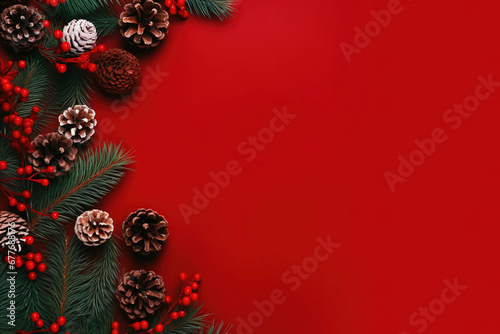 Christmas composition. Christmas fir tree branches, gifts, pine cones on wooden white rustic background. Flat lay, top view. Copy space. Banner backdrop.