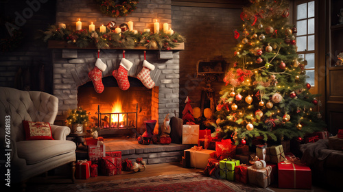 Festive Holiday Haven with Cozy Christmas Living Room Fireplace Tree Delight