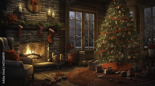 Festive Holiday Haven with Cozy Christmas Living Room Fireplace Tree Delight © MindGem