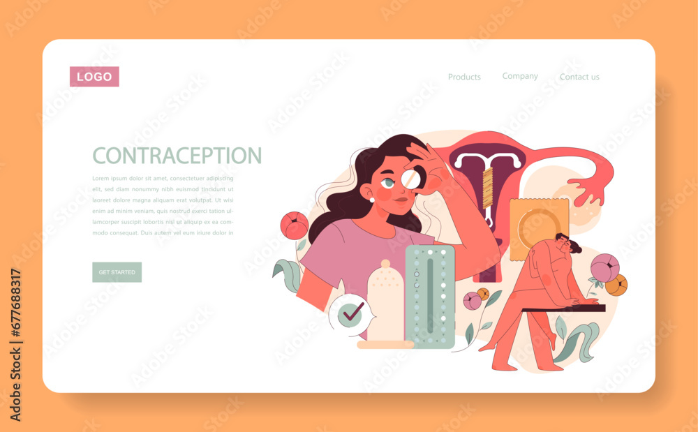Contraception web or landing. A woman explores diverse birth control methods, showcasing pills, IUD, and condoms, emphasizing informed choices. Reproductive health awareness. Flat vector illustration. Contraception web or landing. A woman explores diverse birth control methods, showcasing pills, IUD, and condoms, emphasizing informed choices. Reproductive health awareness. Flat vector illustration.