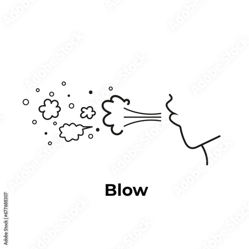 Blow or breath out action vector icon outline isolated on square white background. Human face mouth from side view. Simple flat minimalist monochrome cartoon art styled drawing.