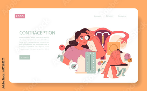 Contraception web or landing. A woman explores diverse birth control methods, showcasing pills, IUD, and condoms, emphasizing informed choices. Reproductive health awareness. Flat vector illustration.
