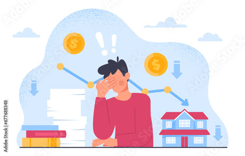 Money stress concept. Man at background of falls graph. Economical crisis and recession, inflation. Bankprutcy and debt. Sad young guy without money. Cartoon flat vector illustration