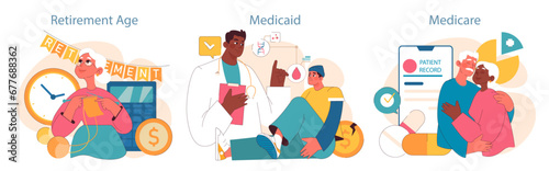 Healthcare and Retirement set. An elderly lady knitting during her retirement, a confident doctor discussing Medicaid, a worried man under Medicaid's care, and a loving elderly couple