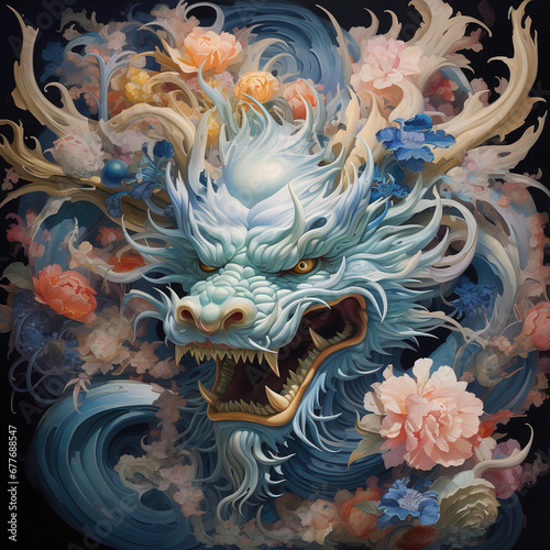 Blue dragon wrapped around flowers in the cloud by Ai generated