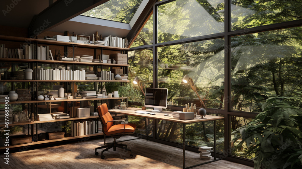 Interior design modern home office, Comfortable workplace, desk with computer monitor, stylish study room, beautiful home studio Interior design modern home office, Comfortable workplace, desk with computer monitor, stylish study room, beautiful home studio