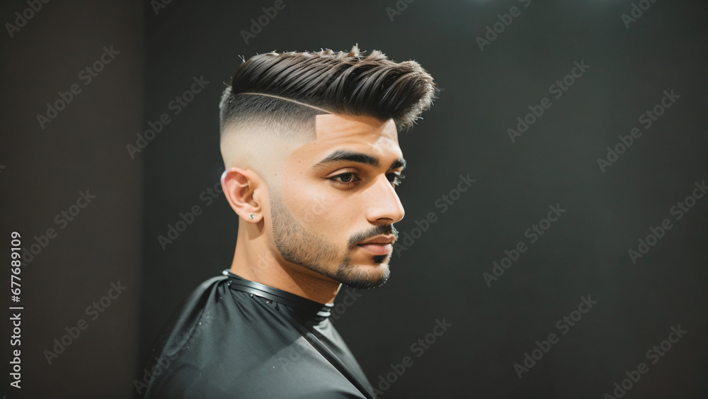 Fringe up haircut on black background - fornt view - obrazy, fototapety, plakaty 