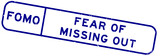 Grunge blue FOMO fear of missing out word square rubber seal stamp on white background