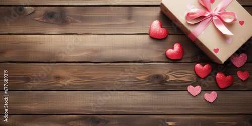 Vintage Valentine's Charm - Capture the timeless appeal with a top-down view of a red and pink heart alongside a gift box on an old wooden table