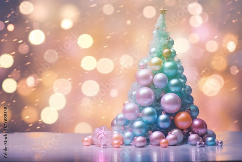 A teal-colored christmas tree illuminated by soft lights and adorned with shiny baubles creates a festive atmosphere