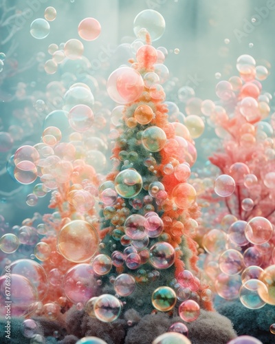 A dreamlike christmas tree scene with soap bubbles and colorful hues creating a serene and magical atmosphere