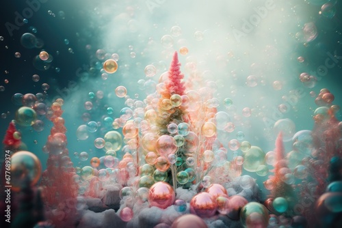 A whimsical christmas tree engulfed in vibrant bubbles creating a magical holiday atmosphere photo