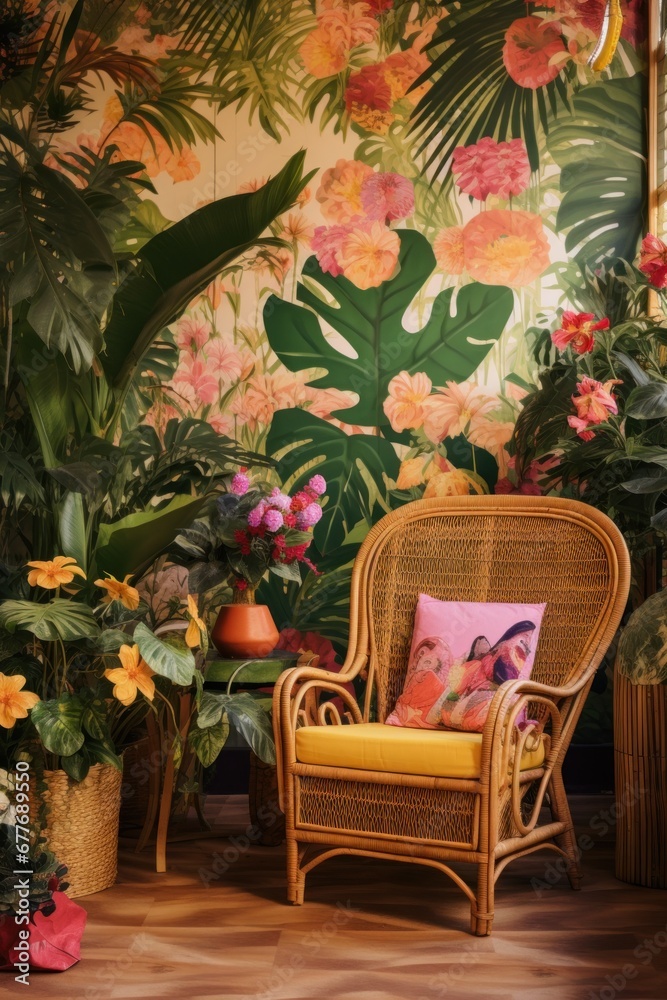 Cozy corner featuring a wicker chair with cushions surrounded by indoor plants and tropical wallpaper pattern