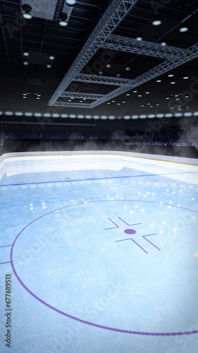 vertical aerial view of empty ice hockey stadium with spotlights and crowdy stands with fans waiting teams before competition. 3D render illustration background.