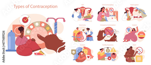 Types of Contraception set. Exploring various contraception methods, from IUDs to implants. Informative guide on birth control choices. Flat vector illustration