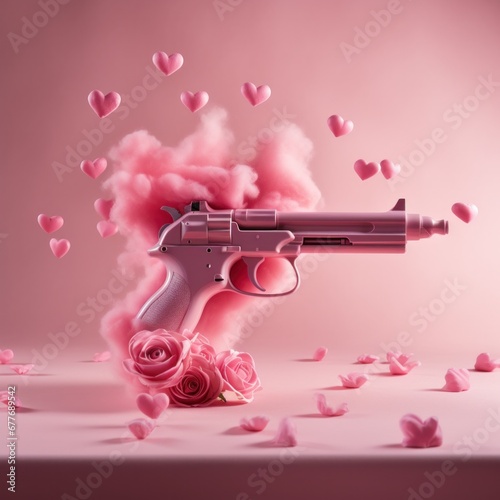 Conceptual image of a gun emitting heart-shaped smoke surrounded by roses, blending themes of love and danger