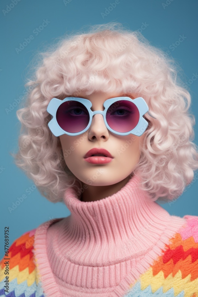 A stylish retro portrait showcasing a model with whimsical sunglasses and a colorful knitwear top A stylish retro portrait showcasing a model with whimsical sunglasses and a colorful knitwear top