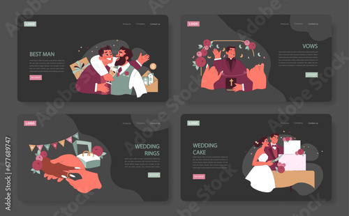 Wedding moments set. Groom's best man shares a jovial moment, bride and groom exchange rings, priest officiates wedding vows, couple slices cake. Joyous celebrations. Flat vector illustrations.