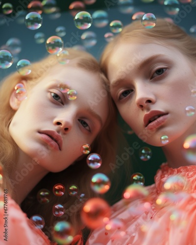 Portrait of twin girls surrounded by floating bubbles, highlighting their youthful innocence