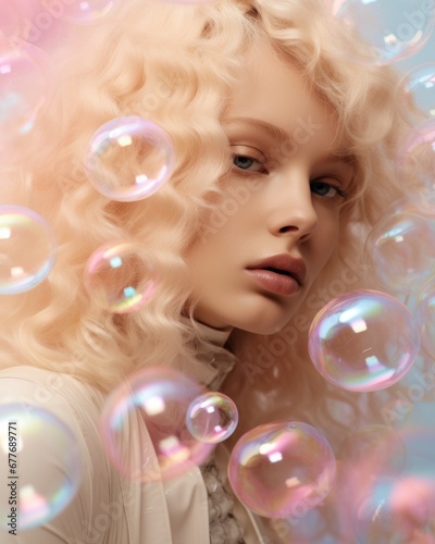 Close-up of a young woman surrounded by translucent bubbles with natural style makeup and wavy blonde hair