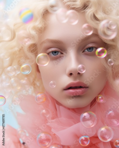 Ethereal beauty captured in a dreamlike portrait with a young woman surrounded by iridescent bubbles