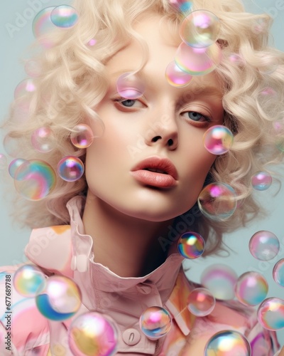 Stunning fashionable portrait of a woman with a modern look, enhanced by the dynamic presence of bubbles