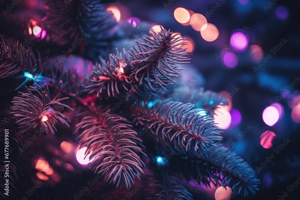 The warm purple glow from holiday lights envelops the christmas tree branches in a cozy hue The warm purple glow from holiday lights envelops the christmas tree branches in a cozy hue