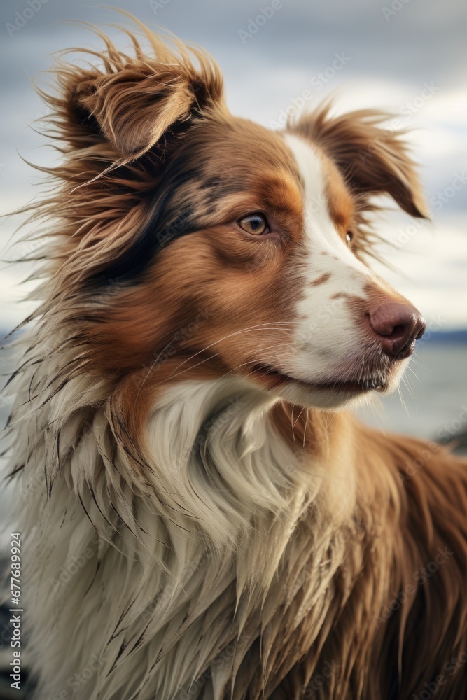Stunning close-up of a majestic brown and white dog with soulful eyes against a cloudy sky